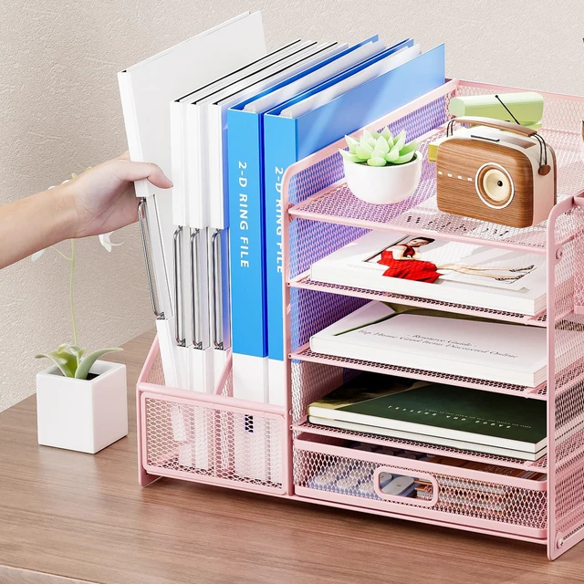 Alt view image 5 of 6 - Desk Organizer with File Holder, 5-Tier Paper Letter Tray Organizer with Drawer and 2 Pen Holder, Mesh Desktop Organizer and Storage with Magazine Holder for Office Supplies(Pink)