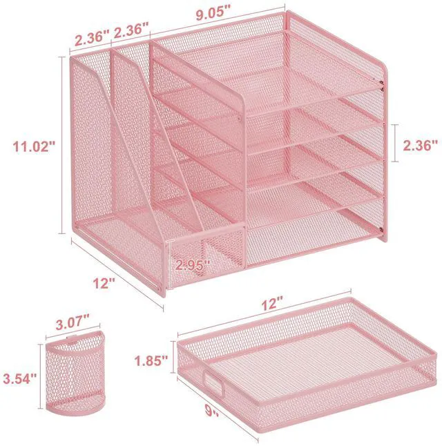 Alt view image 6 of 6 - Desk Organizer with File Holder, 5-Tier Paper Letter Tray Organizer with Drawer and 2 Pen Holder, Mesh Desktop Organizer and Storage with Magazine Holder for Office Supplies(Pink)