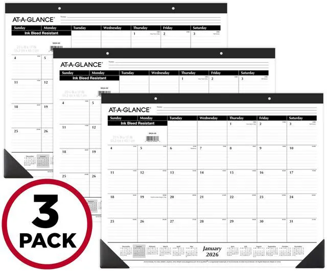 Main image of 2026 Desk Calendar, Desk Pad, Monthly, 21-3/4" x 17", Large, Ruled Blocks, 3 Pack (AZSK240026), White