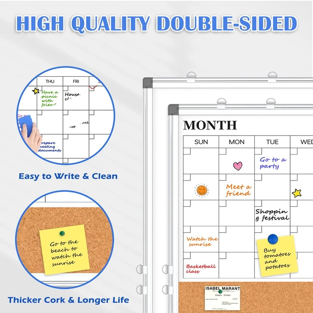 Alt view image 3 of 7 - Dry Erase Calendar Whiteboard for Wall, 36" x 24" Monthly Cork White Board Double-Sided Magnetic, Calendar Cork Whiteboard Combo, Aluminium Frame, Bulletin Portable Board, Home Office School
