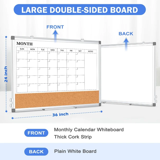Alt view image 2 of 7 - Dry Erase Calendar Whiteboard for Wall, 36" x 24" Monthly Cork White Board Double-Sided Magnetic, Calendar Cork Whiteboard Combo, Aluminium Frame, Bulletin Portable Board, Home Office School