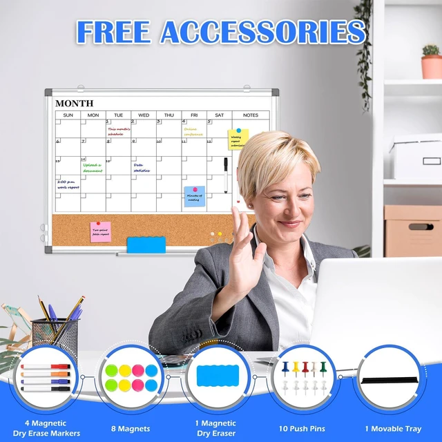Alt view image 3 of 7 - Dry Erase Calendar Whiteboard for Wall, 30" x 20" Monthly Cork White Board Double-Sided Magnetic, Calendar Cork Whiteboard Combo, Aluminium Frame, Bulletin Portable Board, Home Office School