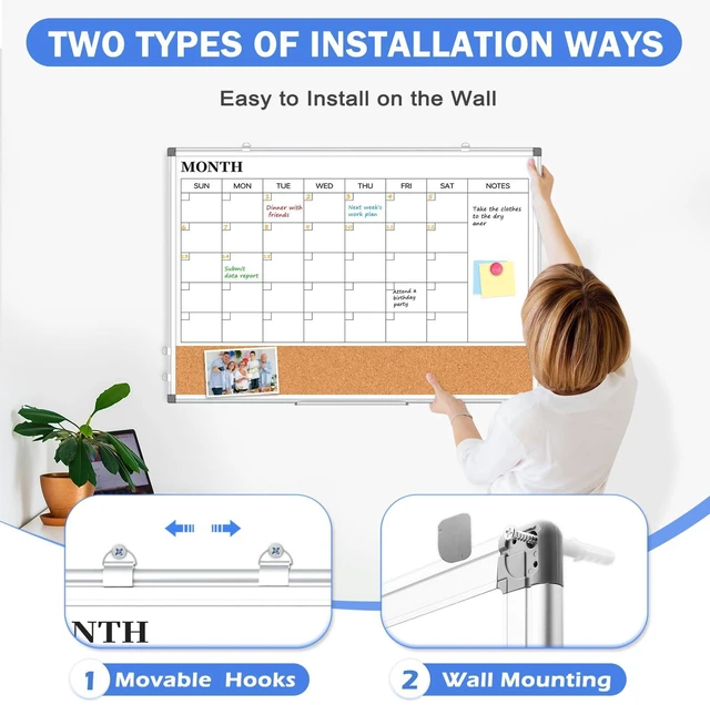 Alt view image 4 of 7 - Dry Erase Calendar Whiteboard for Wall, 30" x 20" Monthly Cork White Board Double-Sided Magnetic, Calendar Cork Whiteboard Combo, Aluminium Frame, Bulletin Portable Board, Home Office School