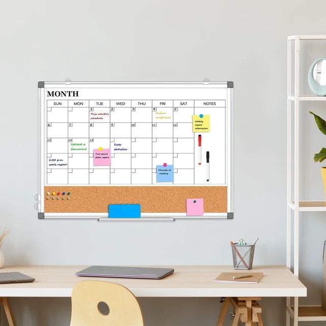 Alt view image 5 of 7 - Dry Erase Calendar Whiteboard for Wall, 30" x 20" Monthly Cork White Board Double-Sided Magnetic, Calendar Cork Whiteboard Combo, Aluminium Frame, Bulletin Portable Board, Home Office School