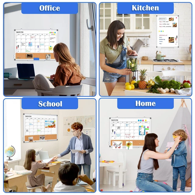 Alt view image 7 of 7 - Dry Erase Calendar Whiteboard for Wall, 36" x 24" Monthly Cork White Board Double-Sided Magnetic, Calendar Cork Whiteboard Combo, Aluminium Frame, Bulletin Portable Board, Home Office School