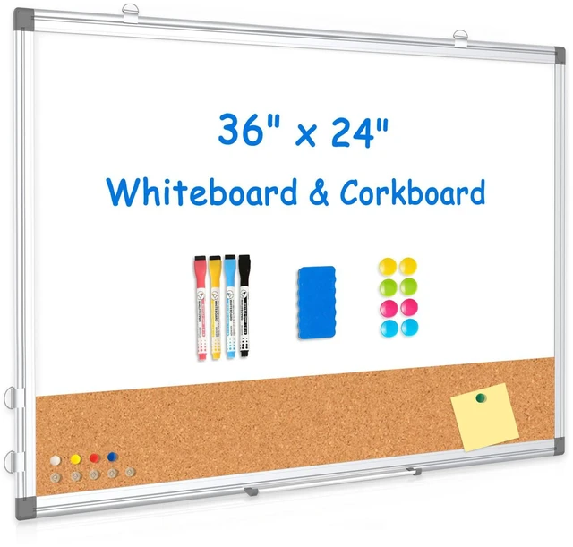 Main image of Whiteboard Cork Board Combo for Wall, 36" x 24" Dry Erase Whiteboard Double-Sided Magnetic, Corkboard White Board Combo, Bulletin Board, Aluminium Frame, Hang Wall Mount, Office Home School