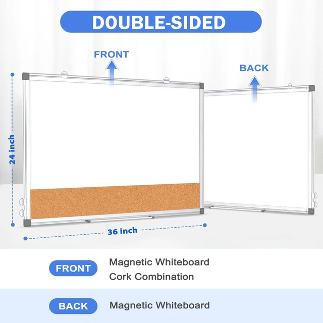 Alt view image 2 of 6 - Whiteboard Cork Board Combo for Wall, 36" x 24" Dry Erase Whiteboard Double-Sided Magnetic, Corkboard White Board Combo, Bulletin Board, Aluminium Frame, Hang Wall Mount, Office Home School