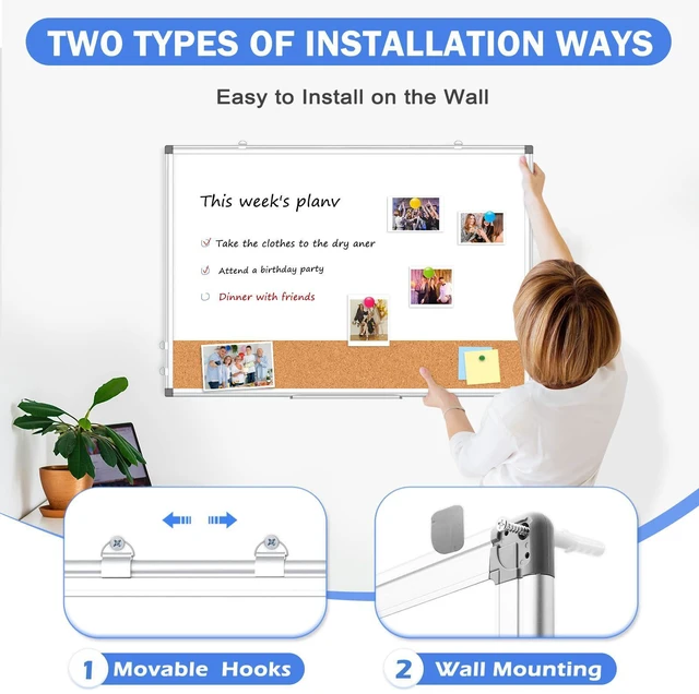 Alt view image 3 of 6 - Whiteboard Cork Board Combo for Wall, 36" x 24" Dry Erase Whiteboard Double-Sided Magnetic, Corkboard White Board Combo, Bulletin Board, Aluminium Frame, Hang Wall Mount, Office Home School
