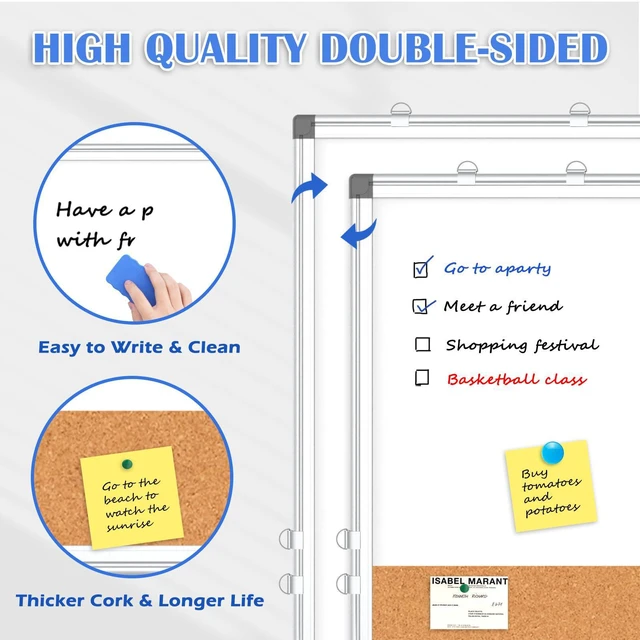 Alt view image 4 of 6 - Whiteboard Cork Board Combo for Wall, 36" x 24" Dry Erase Whiteboard Double-Sided Magnetic, Corkboard White Board Combo, Bulletin Board, Aluminium Frame, Hang Wall Mount, Office Home School