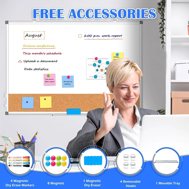 Alt view image 5 of 6 - Whiteboard Cork Board Combo for Wall, 36" x 24" Dry Erase Whiteboard Double-Sided Magnetic, Corkboard White Board Combo, Bulletin Board, Aluminium Frame, Hang Wall Mount, Office Home School