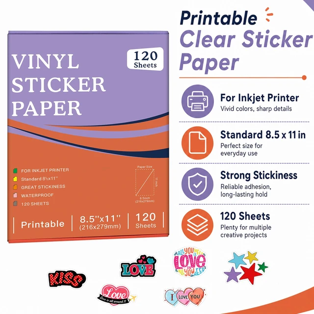 Alt view image 2 of 7 - Printable Clear Sticker Paper, 120 Sheets, 8.5x11, for Inkjet Quick-Drying Surface, Vivid Prints, Removable, Tear-Resistant, Clear Labels and Custom Crafts for Cutting Machines