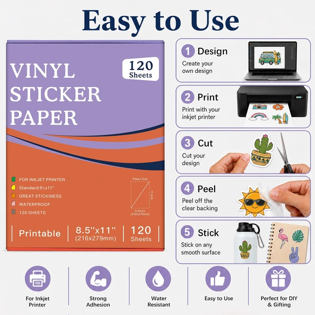 Alt view image 5 of 7 - Printable Clear Sticker Paper, 120 Sheets, 8.5x11, for Inkjet Quick-Drying Surface, Vivid Prints, Removable, Tear-Resistant, Clear Labels and Custom Crafts for Cutting Machines