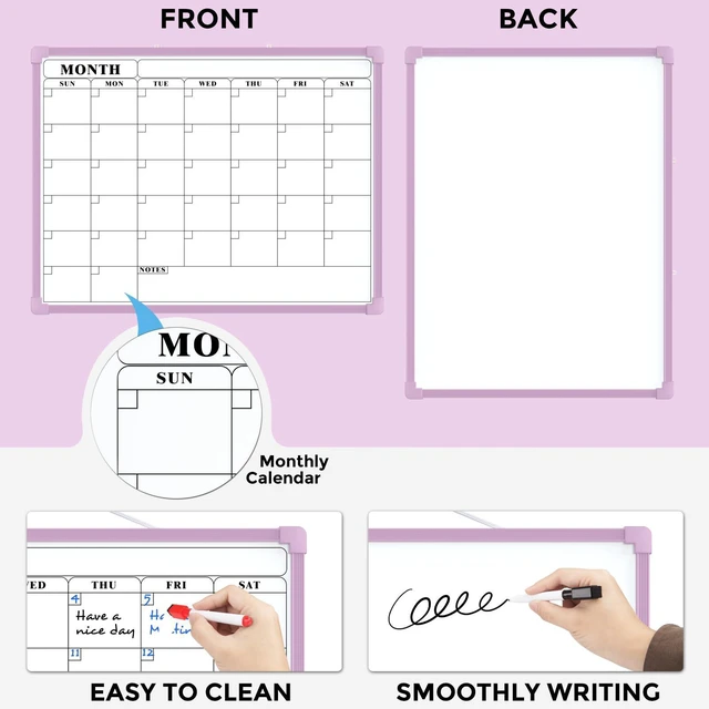 Alt view image 2 of 7 - Monthly Calendar Dry Erase Board for Wall, 16"x12", Purple Frame Double-Sided, Hanging Small White Board, Portable Whiteboard for Planning, Drawing, Memo, to Do List, Home, Kitchen, Office