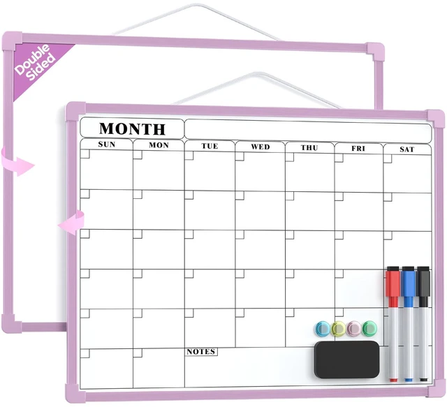 Main image of Monthly Calendar Dry Erase Board for Wall, 16"x12", Purple Frame Double-Sided, Hanging Small White Board, Portable Whiteboard for Planning, Drawing, Memo, to Do List, Home, Kitchen, Office