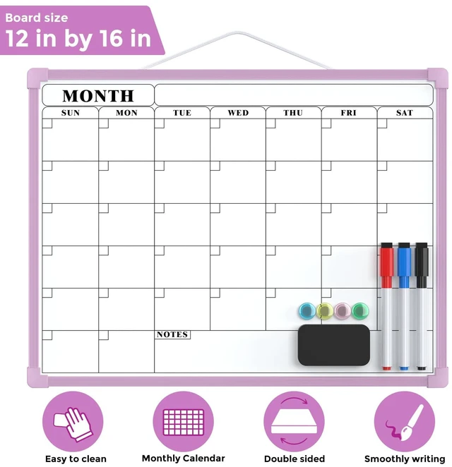 Alt view image 6 of 7 - Monthly Calendar Dry Erase Board for Wall, 16"x12", Purple Frame Double-Sided, Hanging Small White Board, Portable Whiteboard for Planning, Drawing, Memo, to Do List, Home, Kitchen, Office