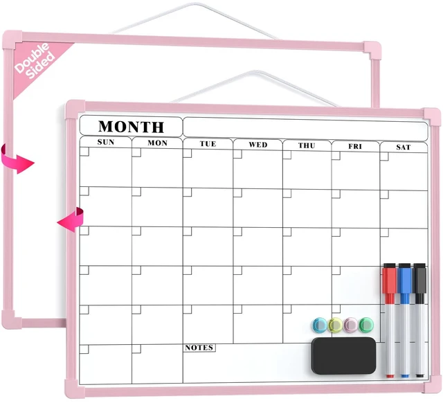 Main image of Monthly Calendar Dry Erase Board for Wall, 16"x12", Pink Frame Double-Sided, Hanging Small White Board, Portable Whiteboard for Planning, Drawing, Memo, to Do List, Home, Kitchen, Office
