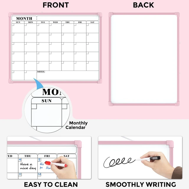 Alt view image 2 of 7 - Monthly Calendar Dry Erase Board for Wall, 16"x12", Pink Frame Double-Sided, Hanging Small White Board, Portable Whiteboard for Planning, Drawing, Memo, to Do List, Home, Kitchen, Office
