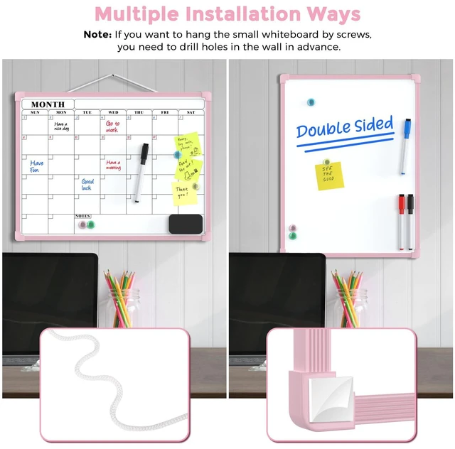 Alt view image 4 of 7 - Monthly Calendar Dry Erase Board for Wall, 16"x12", Pink Frame Double-Sided, Hanging Small White Board, Portable Whiteboard for Planning, Drawing, Memo, to Do List, Home, Kitchen, Office