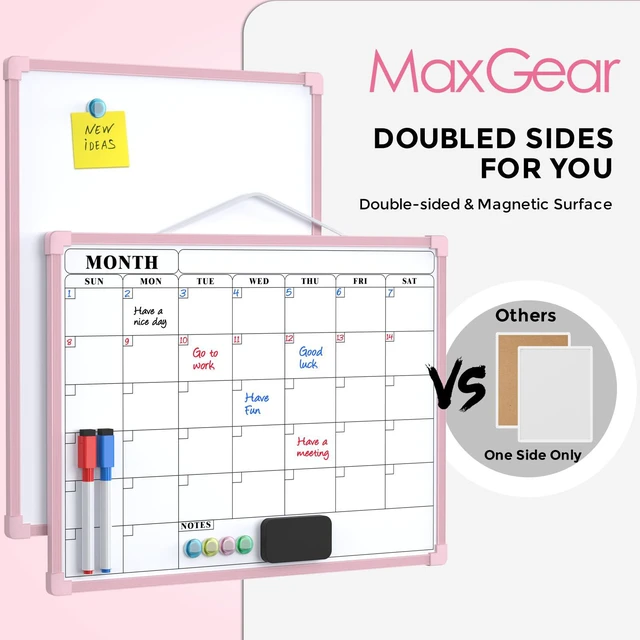 Alt view image 3 of 7 - Monthly Calendar Dry Erase Board for Wall, 16"x12", Pink Frame Double-Sided, Hanging Small White Board, Portable Whiteboard for Planning, Drawing, Memo, to Do List, Home, Kitchen, Office