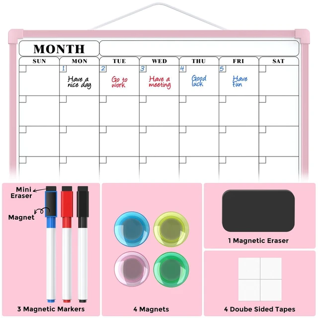 Alt view image 5 of 7 - Monthly Calendar Dry Erase Board for Wall, 16"x12", Pink Frame Double-Sided, Hanging Small White Board, Portable Whiteboard for Planning, Drawing, Memo, to Do List, Home, Kitchen, Office