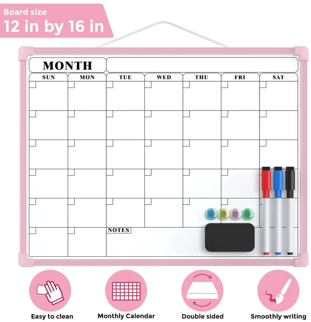 Alt view image 6 of 7 - Monthly Calendar Dry Erase Board for Wall, 16"x12", Pink Frame Double-Sided, Hanging Small White Board, Portable Whiteboard for Planning, Drawing, Memo, to Do List, Home, Kitchen, Office
