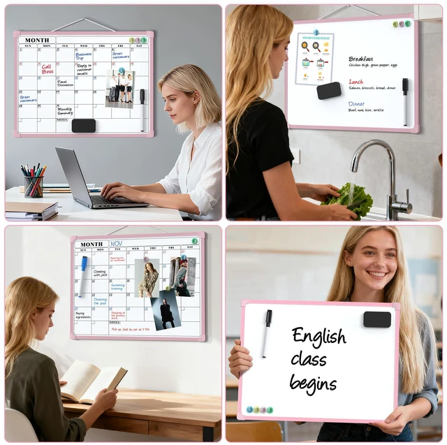 Alt view image 7 of 7 - Monthly Calendar Dry Erase Board for Wall, 16"x12", Pink Frame Double-Sided, Hanging Small White Board, Portable Whiteboard for Planning, Drawing, Memo, to Do List, Home, Kitchen, Office