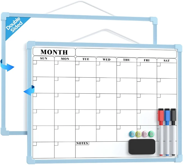 Main image of Monthly Calendar Dry Erase Board for Wall, 16"x12", Blue Frame Double-Sided, Hanging Small White Board, Portable Whiteboard for Planning, Drawing, Memo, to Do List, Home, Kitchen, Office