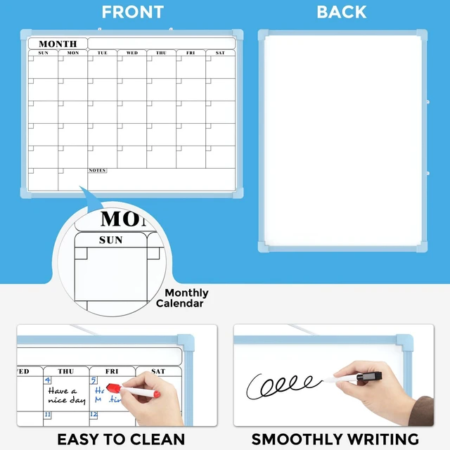 Alt view image 2 of 7 - Monthly Calendar Dry Erase Board for Wall, 16"x12", Blue Frame Double-Sided, Hanging Small White Board, Portable Whiteboard for Planning, Drawing, Memo, to Do List, Home, Kitchen, Office