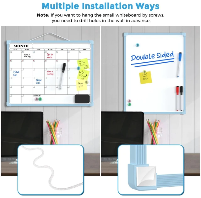 Alt view image 4 of 7 - Monthly Calendar Dry Erase Board for Wall, 16"x12", Blue Frame Double-Sided, Hanging Small White Board, Portable Whiteboard for Planning, Drawing, Memo, to Do List, Home, Kitchen, Office