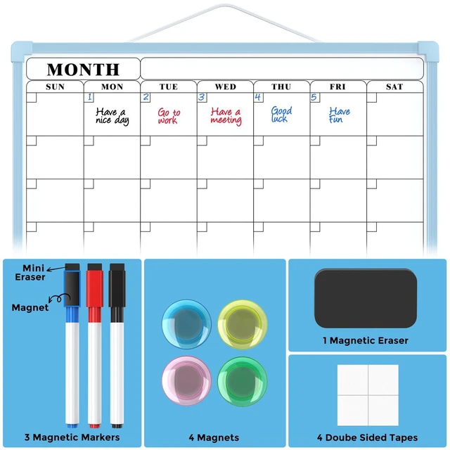 Alt view image 6 of 7 - Monthly Calendar Dry Erase Board for Wall, 16"x12", Blue Frame Double-Sided, Hanging Small White Board, Portable Whiteboard for Planning, Drawing, Memo, to Do List, Home, Kitchen, Office