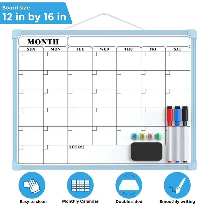 Alt view image 5 of 7 - Monthly Calendar Dry Erase Board for Wall, 16"x12", Blue Frame Double-Sided, Hanging Small White Board, Portable Whiteboard for Planning, Drawing, Memo, to Do List, Home, Kitchen, Office