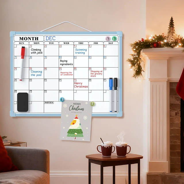 Alt view image 7 of 7 - Monthly Calendar Dry Erase Board for Wall, 16"x12", Blue Frame Double-Sided, Hanging Small White Board, Portable Whiteboard for Planning, Drawing, Memo, to Do List, Home, Kitchen, Office