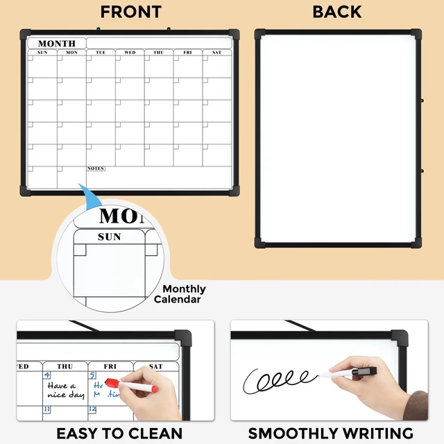 Alt view image 2 of 7 - Monthly Calendar Dry Erase Board for Wall, 16"x12", Black Frame Double-Sided, Hanging Small White Board, Portable Whiteboard for Planning, Drawing, Memo, to Do List, Home, Kitchen, Office