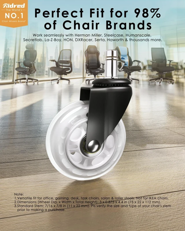 Alt view image 2 of 7 - Gaming Chair Wheels - Heavy-Duty Office Chair Wheels - Replacement Rubber Casters - Universal Fit 3 Inch Chair Casters, Noise Free, Fits 98% Chair, for All Floor (White)