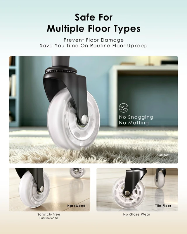 Alt view image 4 of 7 - Gaming Chair Wheels - Heavy-Duty Office Chair Wheels - Replacement Rubber Casters - Universal Fit 3 Inch Chair Casters, Noise Free, Fits 98% Chair, for All Floor (White)