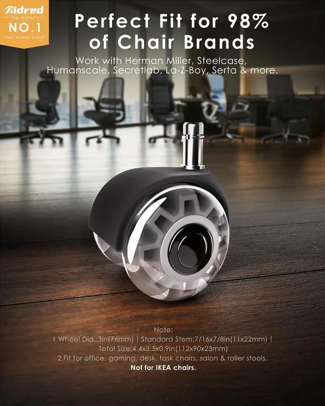 Alt view image 2 of 7 - Office Chair Wheels,Smooth & Quiet Rollerblade Casters Wheels,Heavy Duty Support 700lbs Dual-Wheel Design,Gaming Desk Chair Wheel Replacement for Hardwood Floors and Carpet,2 Inch Universal Fit