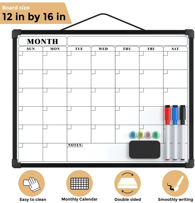 Alt view image 6 of 7 - Monthly Calendar Dry Erase Board for Wall, 16"x12", Black Frame Double-Sided, Hanging Small White Board, Portable Whiteboard for Planning, Drawing, Memo, to Do List, Home, Kitchen, Office