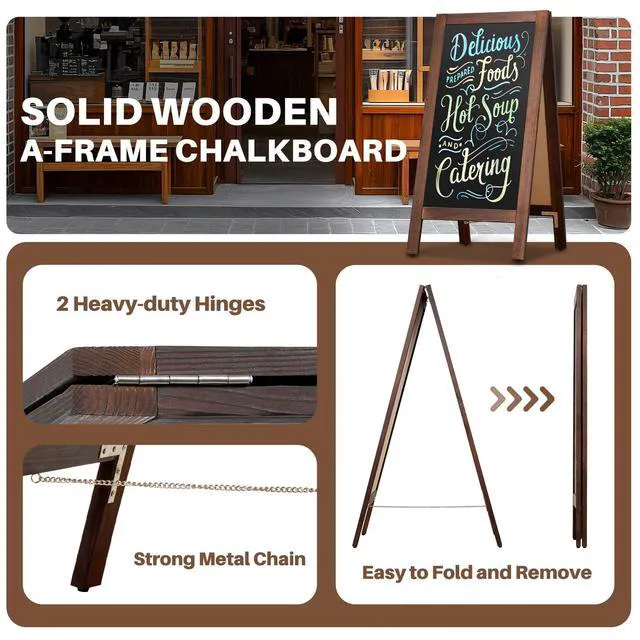 Alt view image 2 of 7 - A-Frame Double-Sided Magnetic Chalkboard 40"x20", Rustic Brown Solid Pine Wood, Freestanding Sandwich Board, For Business, Restaurants, Cafes, Weddings, 8 Liquid Markers, 8 Magnets, 1 Rag