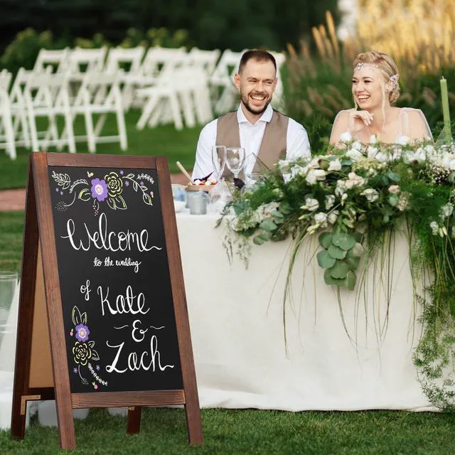 Alt view image 7 of 7 - A-Frame Double-Sided Magnetic Chalkboard 40"x20", Rustic Brown Solid Pine Wood, Freestanding Sandwich Board, For Business, Restaurants, Cafes, Weddings, 8 Liquid Markers, 8 Magnets, 1 Rag