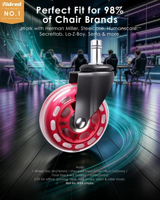 Alt view image 2 of 7 - Gaming Chair Wheels - Heavy-Duty Office Chair Wheels - Replacement Rubber Casters- Universal Fit 3 Inch Chair Casters, Noise Free, Fits 98% Chair, for All Floor (Red)