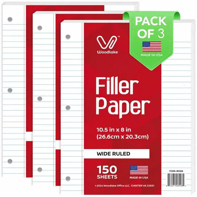 Main image of Loose Leaf Paper, Wide Ruled Notebook Paper, 8 x 10.5, 150 Sheets per Pack, 3 Pack Bulk Lined Filler Paper, 3 Hole Punched, 60gsm, Made in USA