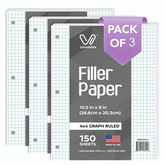 Main image of Loose Leaf Graph Paper, 4x4 Quad Ruled Notebook Paper, 8 x 10.5 Graphing Paper, 150 Sheets per Pack, 3 Pack Filler Paper, 3 Hole Punched, Made in USA