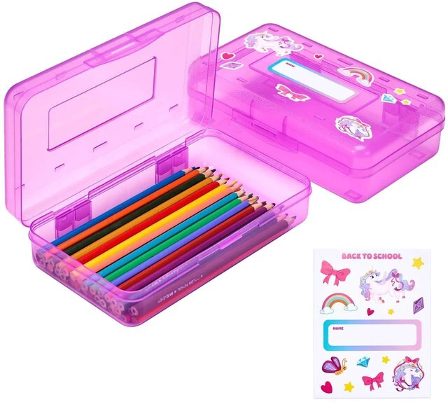 Main image of Plastic Pencil Box with Personalized Sticker,Large Capacity,Purple Kid Large Hard Pencil Case with Snap-tight Lid, Small Art Craft Storage Containers, School Supply Box for Boys, Girls