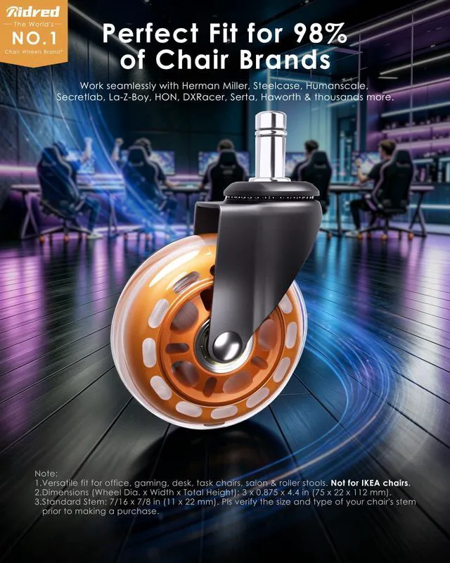 Alt view image 2 of 7 - Gaming Chair Wheels - Heavy-Duty Office Chair Wheels - Replacement Rubber Casters- Universal Fit 3 Inch Chair Casters, Noise Free, Fits 98% Chair, for All Floor