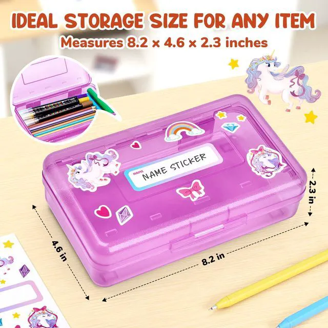 Alt view image 2 of 7 - Plastic Pencil Box with Personalized Sticker,Large Capacity,Purple Kid Large Hard Pencil Case with Snap-tight Lid, Small Art Craft Storage Containers, School Supply Box for Boys, Girls