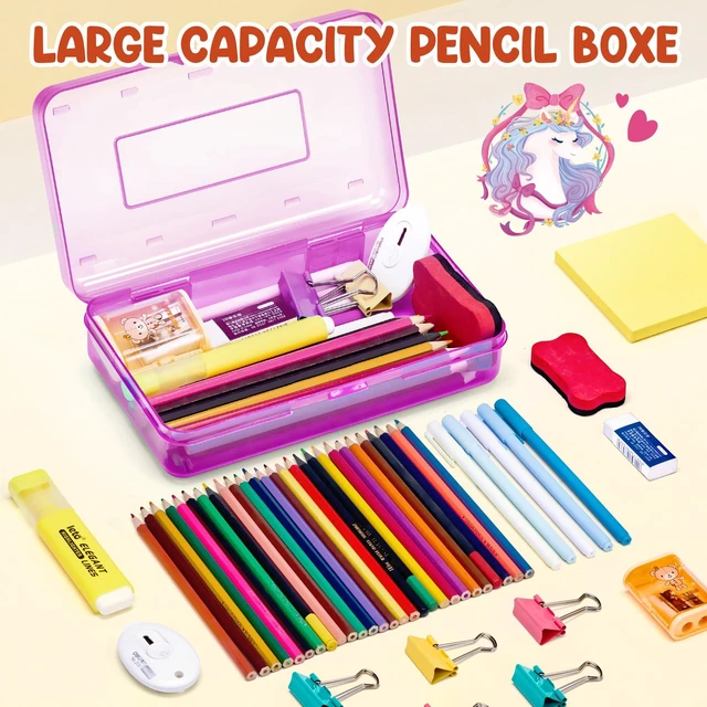 Alt view image 3 of 7 - Plastic Pencil Box with Personalized Sticker,Large Capacity,Purple Kid Large Hard Pencil Case with Snap-tight Lid, Small Art Craft Storage Containers, School Supply Box for Boys, Girls