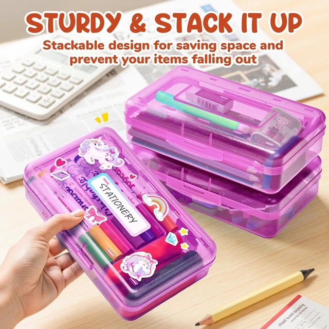 Alt view image 5 of 7 - Plastic Pencil Box with Personalized Sticker,Large Capacity,Purple Kid Large Hard Pencil Case with Snap-tight Lid, Small Art Craft Storage Containers, School Supply Box for Boys, Girls