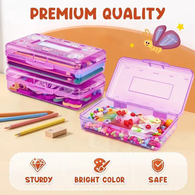 Alt view image 6 of 7 - Plastic Pencil Box with Personalized Sticker,Large Capacity,Purple Kid Large Hard Pencil Case with Snap-tight Lid, Small Art Craft Storage Containers, School Supply Box for Boys, Girls