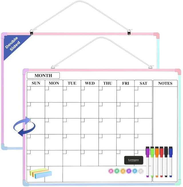 Main image of Monthly Whiteboard Calendar for Wall, 24" x 18" Dry Erase Board with Plastic Frame, Hanging Dry Erase Calendar with 3 Mini Sticky Notes for Kitchen Planner, Memo, Home and Office, Colorful