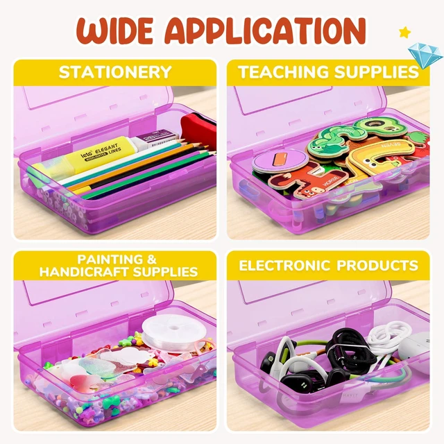 Alt view image 7 of 7 - Plastic Pencil Box with Personalized Sticker,Large Capacity,Purple Kid Large Hard Pencil Case with Snap-tight Lid, Small Art Craft Storage Containers, School Supply Box for Boys, Girls